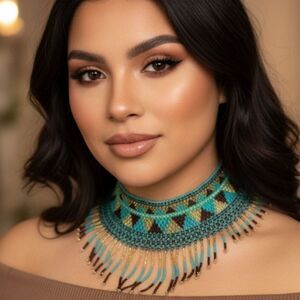 New Beautiful Handmade Brown, Turquoise & Gold Beaded Mexican Collar Necklace